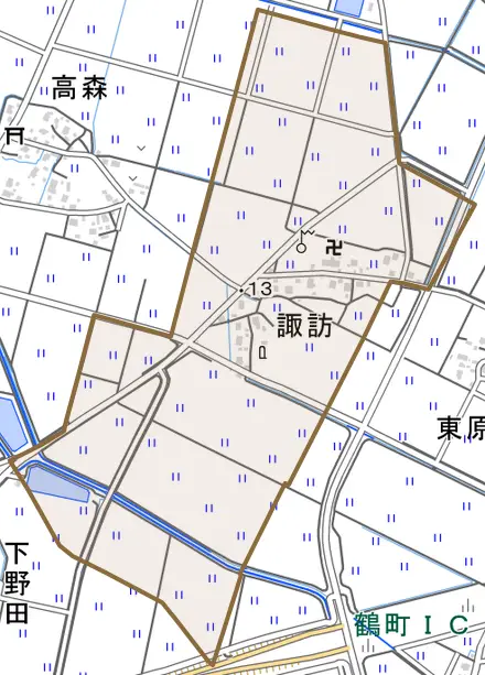 大字諏訪とその周辺の地図。町の範囲を重ねている