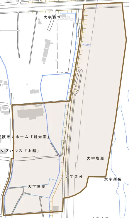 大字三交とその周辺の地図。町の範囲を重ねている