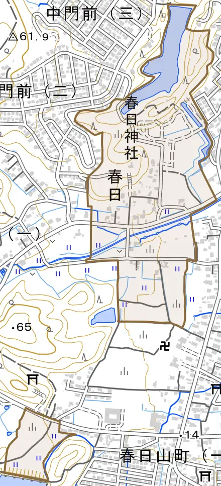 大字大豆とその周辺の地図。町の範囲を重ねている