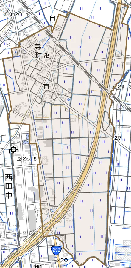 大字寺町とその周辺の地図。町の範囲を重ねている