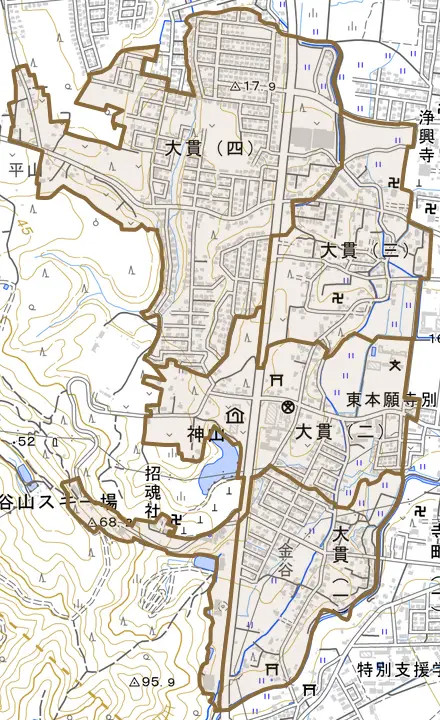 大貫とその周辺の地図。町の範囲を重ねている