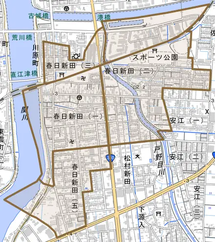 春日新田とその周辺の地図。町の範囲を重ねている