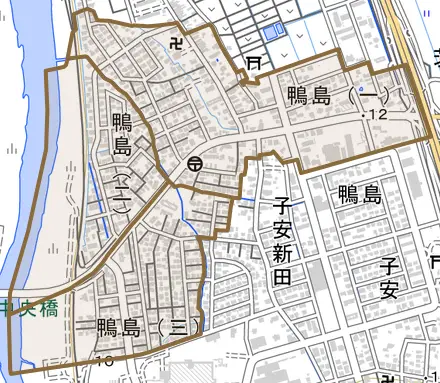 鴨島とその周辺の地図。町の範囲を重ねている