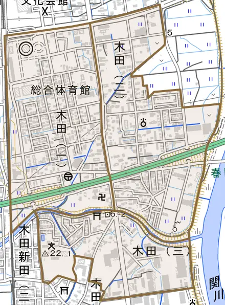 木田とその周辺の地図。町の範囲を重ねている