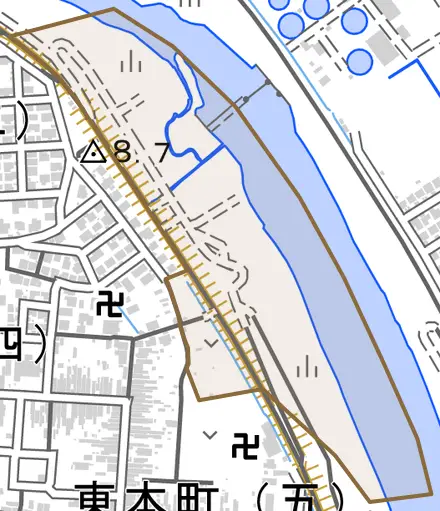 高土町受地とその周辺の地図。町の範囲を重ねている