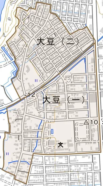 大豆とその周辺の地図。町の範囲を重ねている