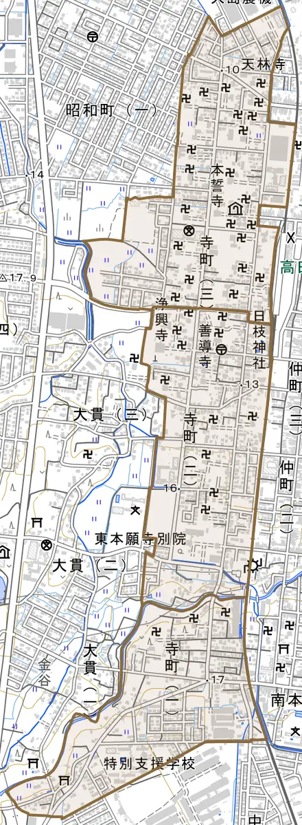 寺町とその周辺の地図。町の範囲を重ねている