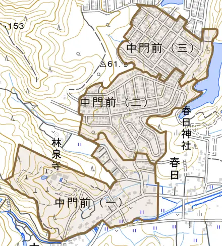 中門前とその周辺の地図。町の範囲を重ねている