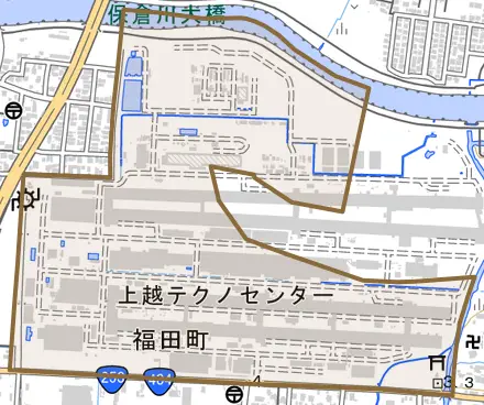 福田町とその周辺の地図。町の範囲を重ねている
