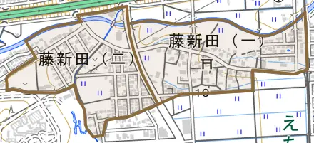 藤新田とその周辺の地図。町の範囲を重ねている