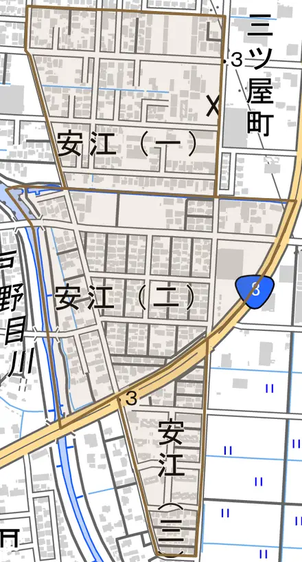安江とその周辺の地図。町の範囲を重ねている