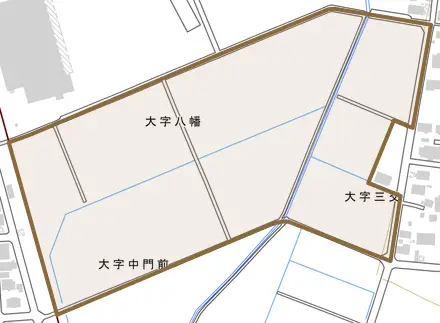 大字石橋とその周辺の地図。町の範囲を重ねている