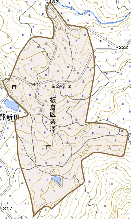 板倉区栗沢とその周辺の地図。町の範囲を重ねている
