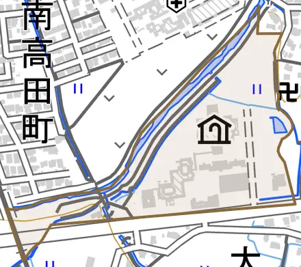 大字高田新田とその周辺の地図。町の範囲を重ねている