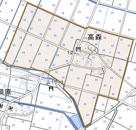 大字高森とその周辺の地図。町の範囲を重ねている
