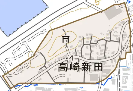 大字高崎新田とその周辺の地図。町の範囲を重ねている