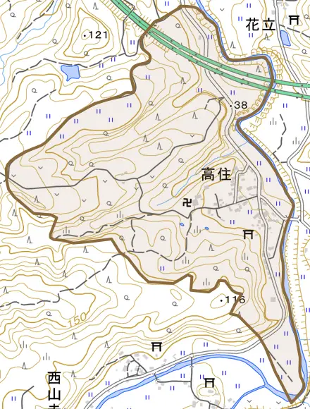 大字高住とその周辺の地図。町の範囲を重ねている