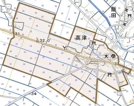 大字高津とその周辺の地図。町の範囲を重ねている