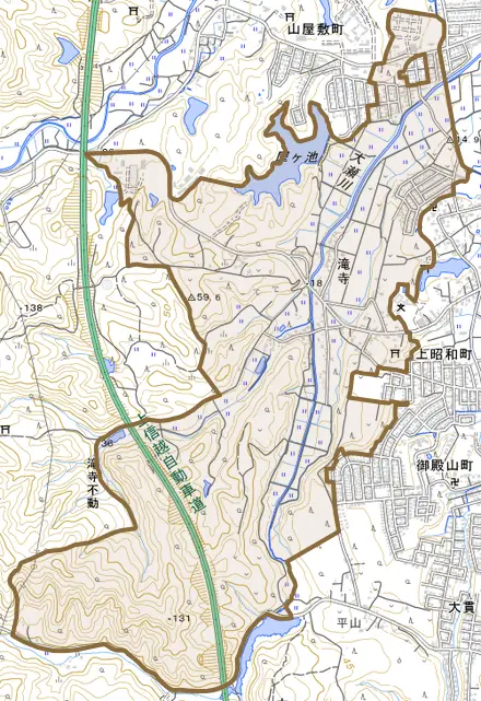大字滝寺とその周辺の地図。町の範囲を重ねている