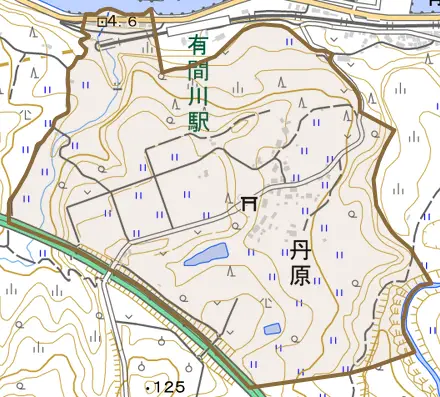 大字丹原とその周辺の地図。町の範囲を重ねている