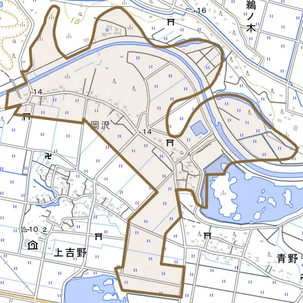 大字田沢新田とその周辺の地図。町の範囲を重ねている