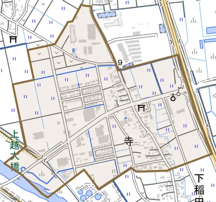 大字寺とその周辺の地図。町の範囲を重ねている