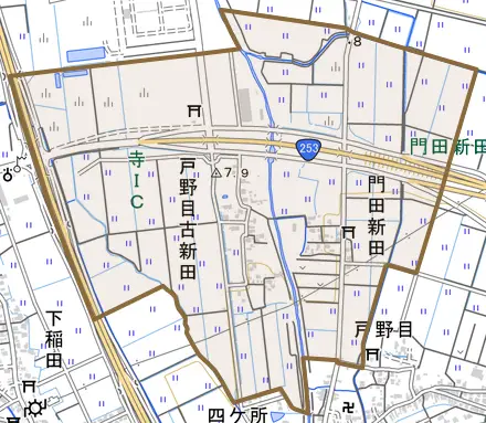 大字戸野目古新田とその周辺の地図。町の範囲を重ねている