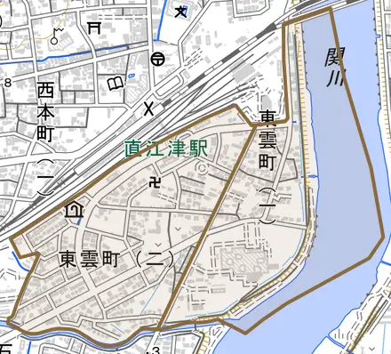 東雲町とその周辺の地図。町の範囲を重ねている