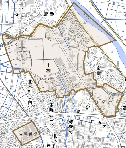 大字土橋とその周辺の地図。町の範囲を重ねている
