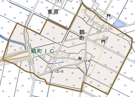 大字鶴町とその周辺の地図。町の範囲を重ねている