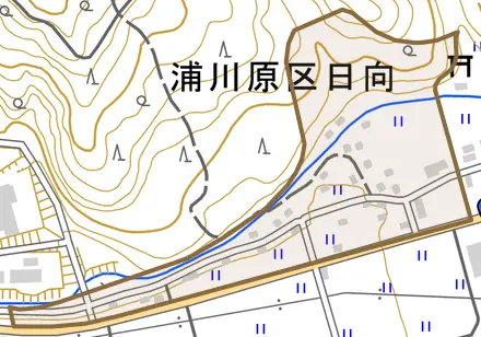 浦川原区日向とその周辺の地図。町の範囲を重ねている