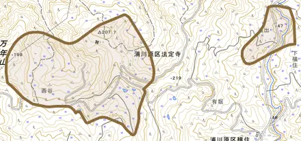 浦川原区法定寺とその周辺の地図。町の範囲を重ねている