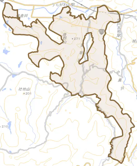 浦川原区今熊とその周辺の地図。町の範囲を重ねている