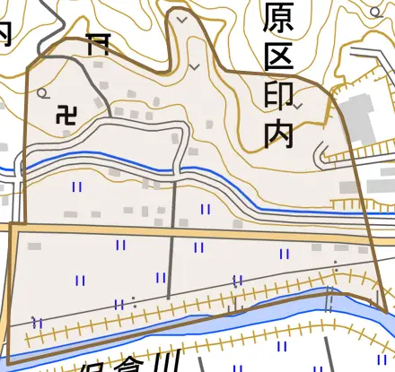 浦川原区印内とその周辺の地図。町の範囲を重ねている
