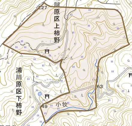 浦川原区上柿野とその周辺の地図。町の範囲を重ねている
