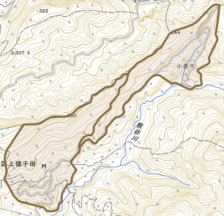 浦川原区上猪子田とその周辺の地図。町の範囲を重ねている