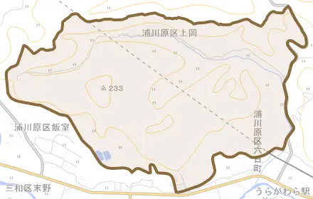 浦川原区上岡とその周辺の地図。町の範囲を重ねている