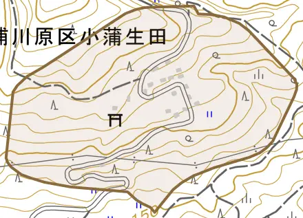 浦川原区小蒲生田とその周辺の地図。町の範囲を重ねている