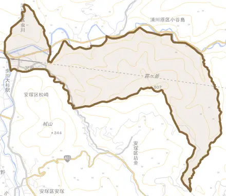 浦川原区虫川とその周辺の地図。町の範囲を重ねている