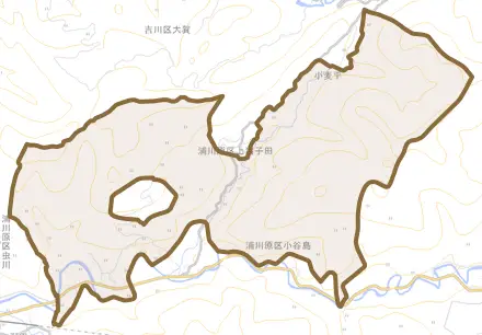 浦川原区中猪子田とその周辺の地図。町の範囲を重ねている