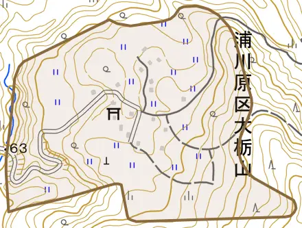 浦川原区大栃山とその周辺の地図。町の範囲を重ねている