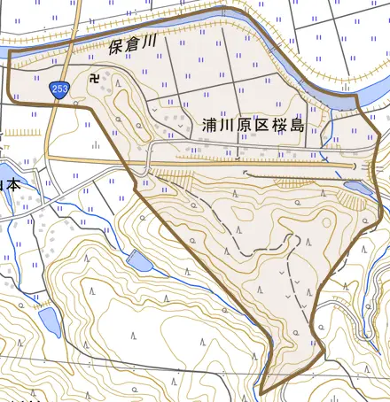浦川原区桜島とその周辺の地図。町の範囲を重ねている