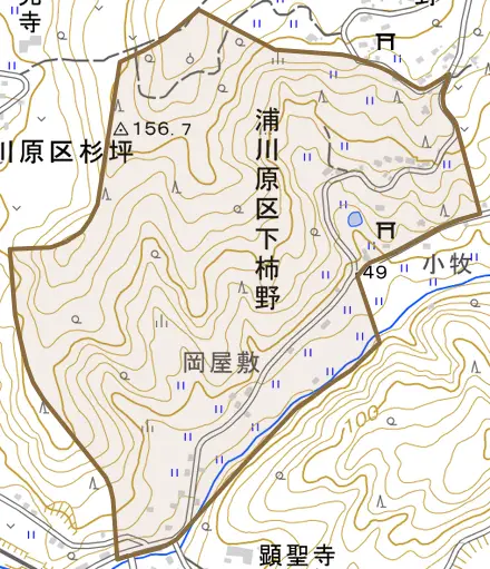 浦川原区下柿野とその周辺の地図。町の範囲を重ねている