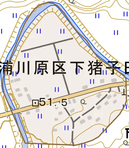 浦川原区下猪子田とその周辺の地図。町の範囲を重ねている