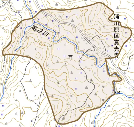 浦川原区真光寺とその周辺の地図。町の範囲を重ねている