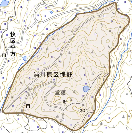 浦川原区坪野とその周辺の地図。町の範囲を重ねている