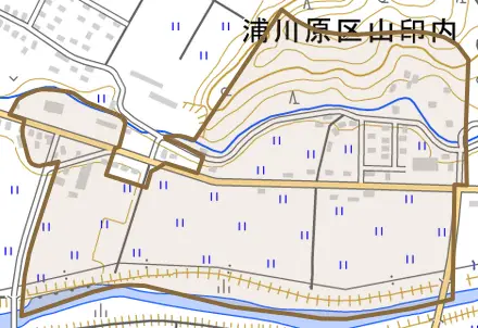 浦川原区山印内とその周辺の地図。町の範囲を重ねている