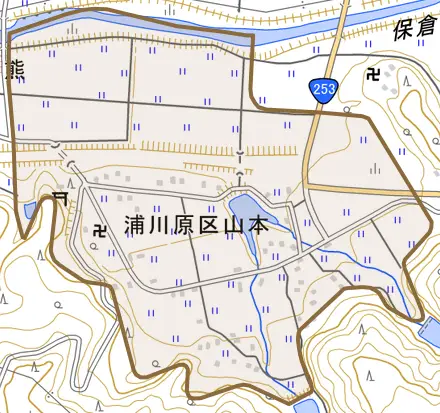 浦川原区山本とその周辺の地図。町の範囲を重ねている