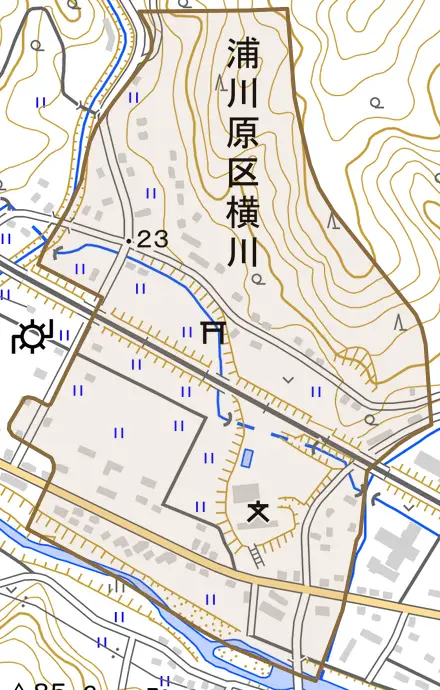 浦川原区横川とその周辺の地図。町の範囲を重ねている