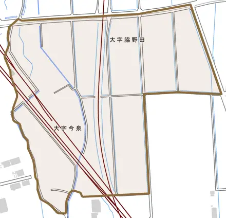 大字脇野田とその周辺の地図。町の範囲を重ねている